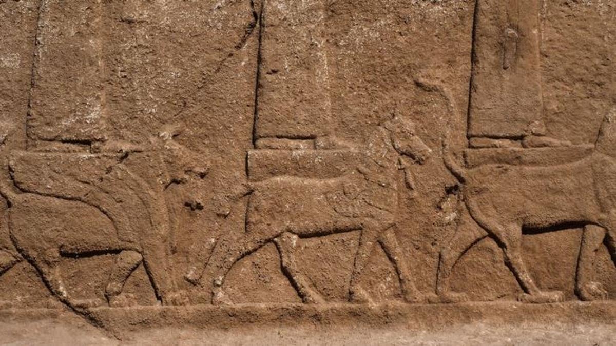 Each of the Assyrian gods and goddesses are seen standing or seated on a mythical creature.