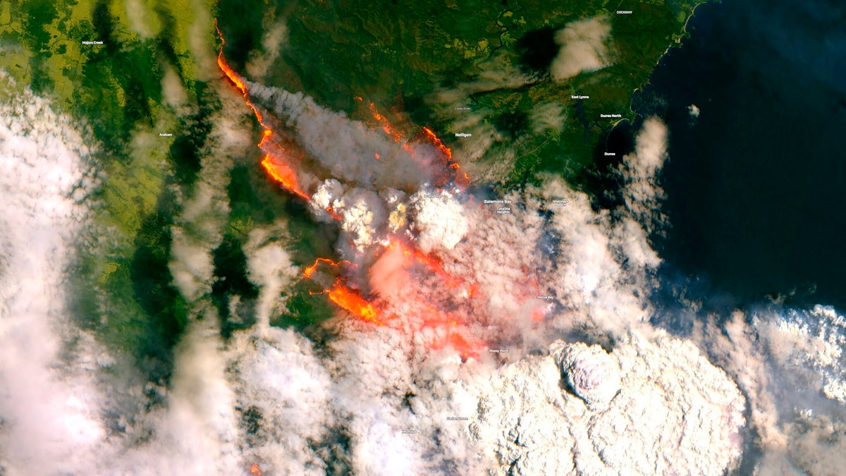 In this satellite image released by Copernicus Sentinel imagery, 2020 twitter page dated Dec. 31, 2019, shows wildfires burning across Australia.