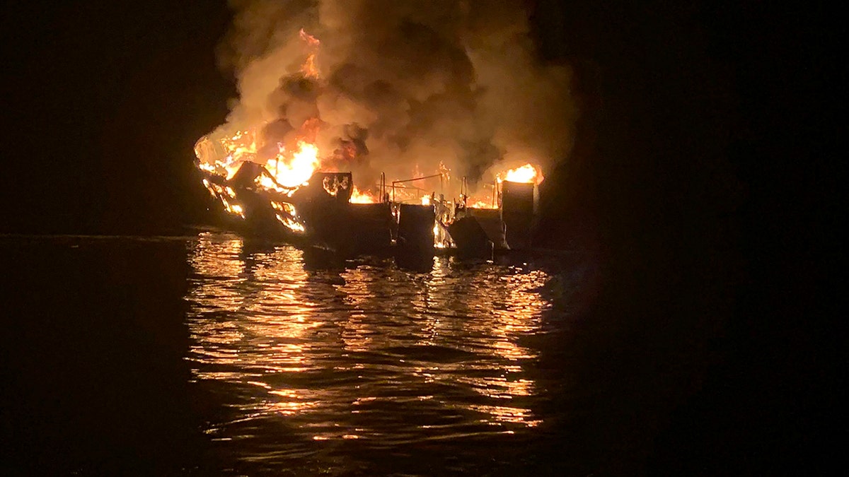In this Sept. 2, 2019, file photo provided by the Santa Barbara County Fire Department, the dive boat Conception is engulfed in flames after a deadly fire broke out aboard the commercial scuba diving vessel off the Southern California Coast. (Santa Barbara County Fire Department via AP, File)