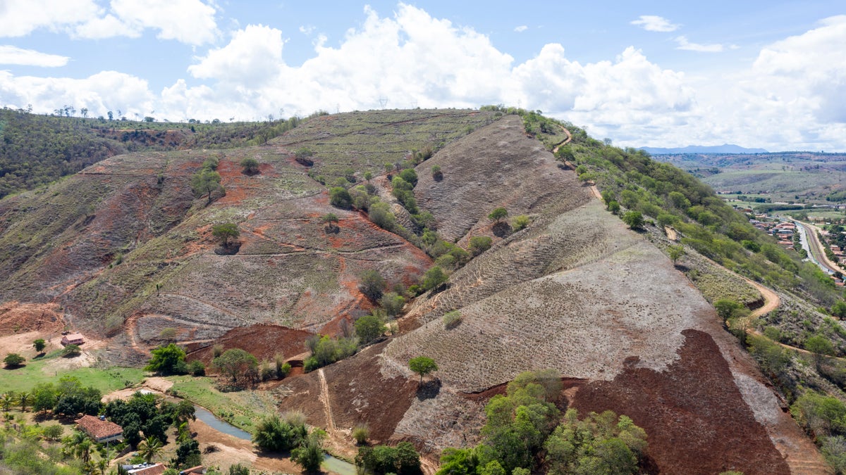 Aerial view of a former well-preserved hill, now deforested by deforestation in the village Aimorés, near the Instituto Terra (about 500 meters away) on November 22, 2019 in Aimorés, Brazil.