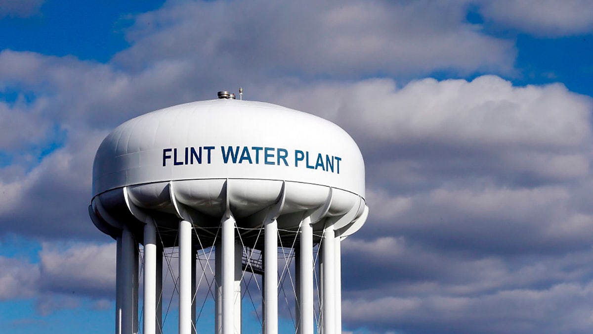 March 21, 2016: Flint Water Plant water tower is seen in Flint, Mich. (AP Photo/Carlos Osorio, File)