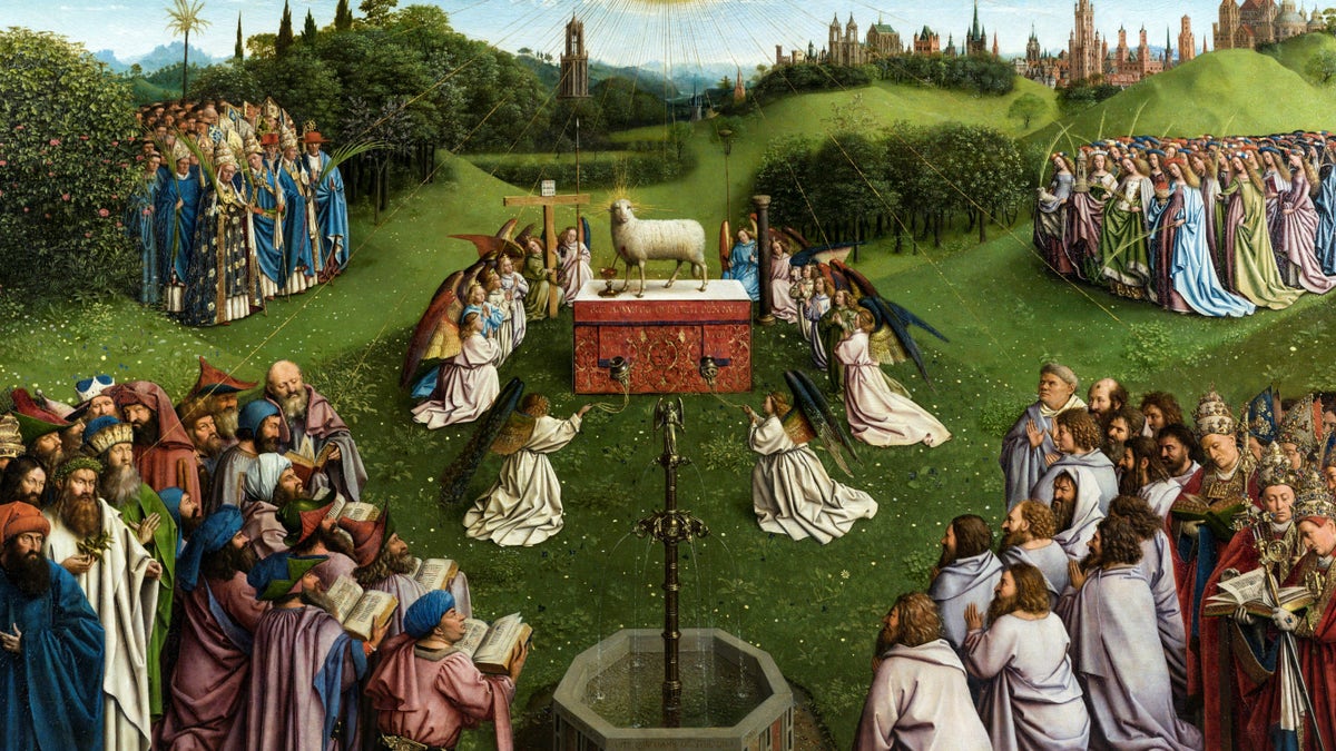 A picture taken on December 17, 2019 shows a detail of the restored original of 'Adoration of the Mystic Lamb' altarpiece (1432) by the brothers and Flemish artists Hubert van Eyck and Jan van Eyck at the Museum of Fine Arts Ghent in Ghent, Belgium. (KENZO TRIBOUILLARD/AFP via Getty Images)