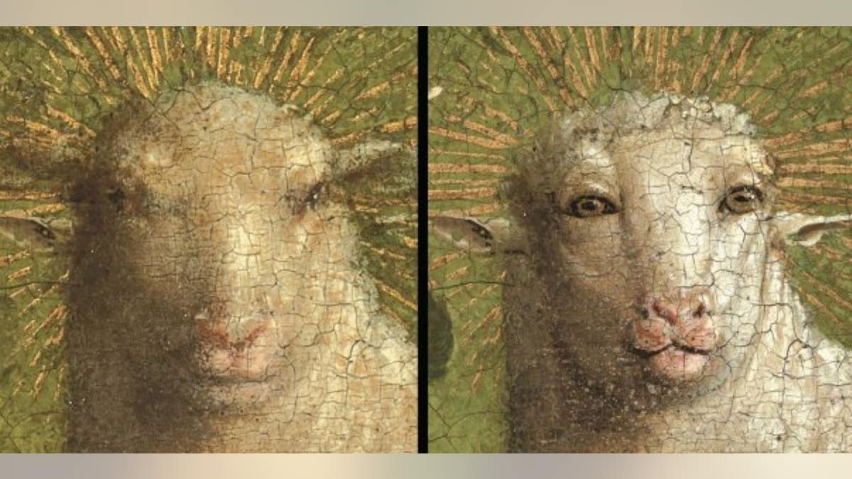 The Ghent Altarpiece's Lamb of God, seen before (left) and after the restoration. (The Royal Institute for Cultural Heritage)