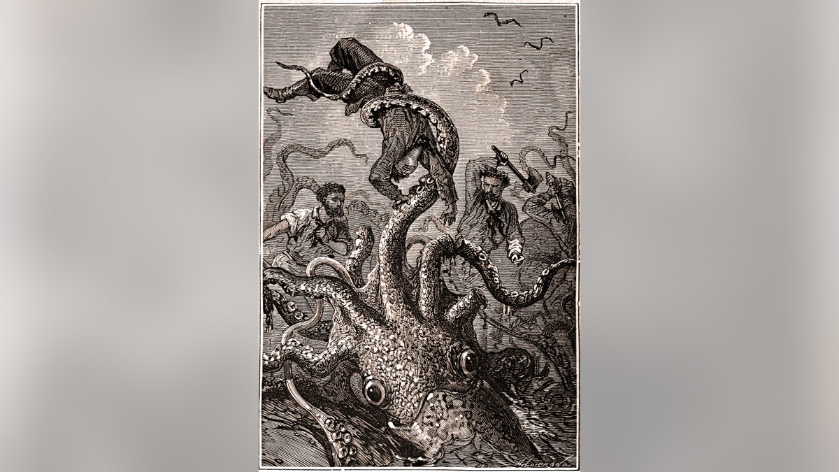 The giant squid has long been a subject of horror lore. In this original illustration from Jules Verne’s “20,000 Leagues Under the Sea,” a giant squid grasps a helpless sailor. (Credit: Alphonse de Neuville)