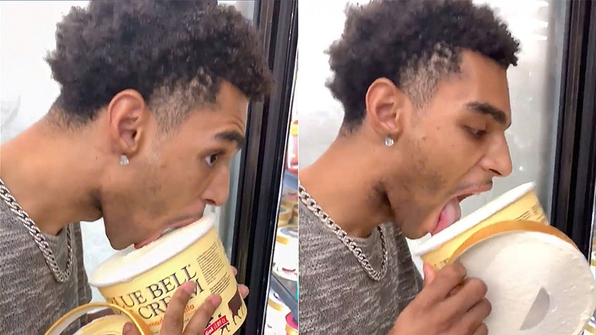 <br data-cke-eol="1">
D'Adrien Anderson, 24, has been booked into jail on charges of criminal mischief for his recent ice cream-licking gimmick at a Texas Walmart. ((Dapper Don / Facebook))