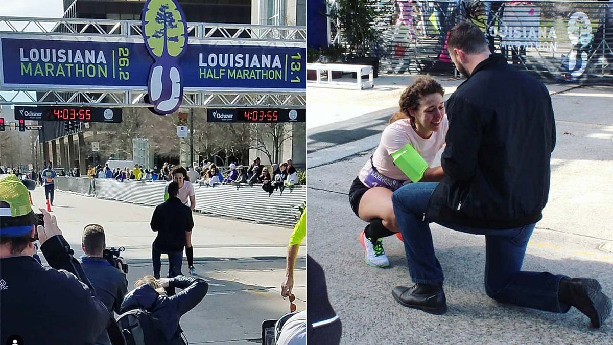 Morgan Pittman, 27, was running in the Louisiana Marathon in Baton Rouge on Sunday when she crossed the finish line to an incredible sight.<br>