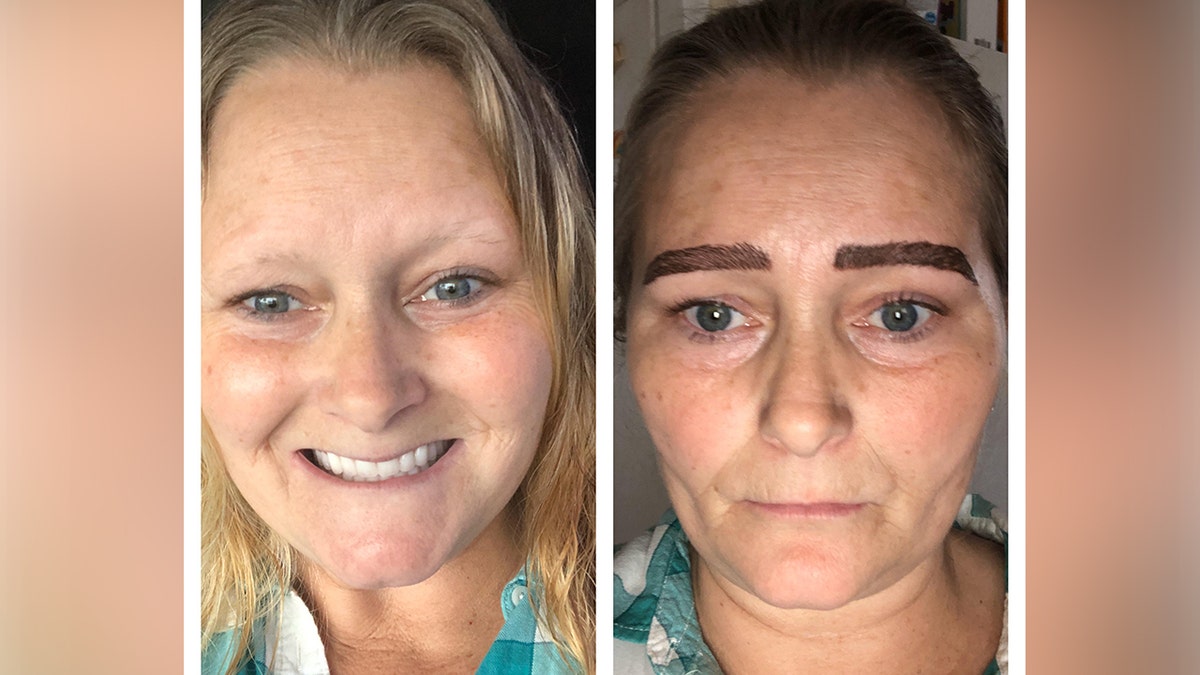 Shannon Bozell of Michigan, pictured before and immediately after the mircoblading, said she trusted the artist to choose the correct shape for her face. 