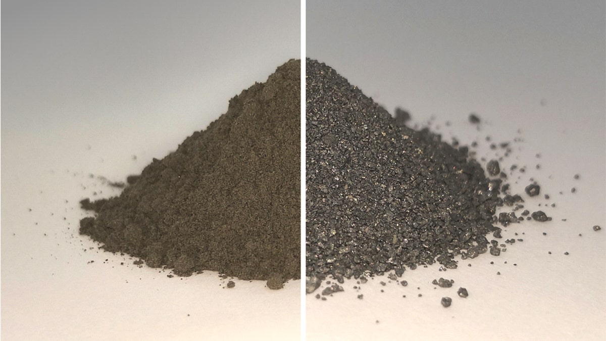 On the left side of this before and after image is a pile of simulated lunar soil, or regolith; on the right is the same pile after essentially all the oxygen has been extracted from it, leaving a mixture of metal alloys. Both the oxygen and metal could be used in future by settlers on the Moon. (Credit: ESA)