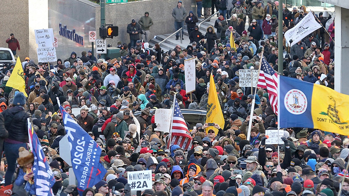 Second Amendment supporters gather on Bank Street outside the Virginia state capitol on Monday. (AP/The Virginian-Pilot)