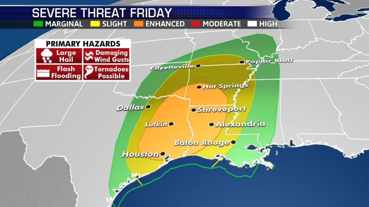 An enhanced threat of severe weather is possible on Friday in parts of Texas, Arkansas, and Louisiana.