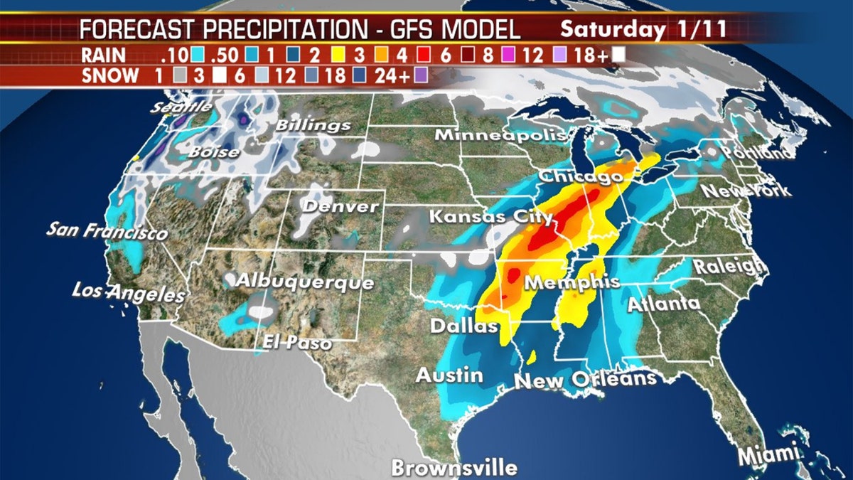 The storm system is forecast to bring heavy precipitation from the Deep South into the parts of the Midwest.