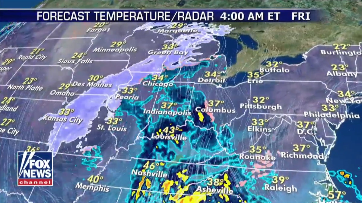 The extended period of wintry precipitation will stretch from Missouri to the upper Great Lakes.