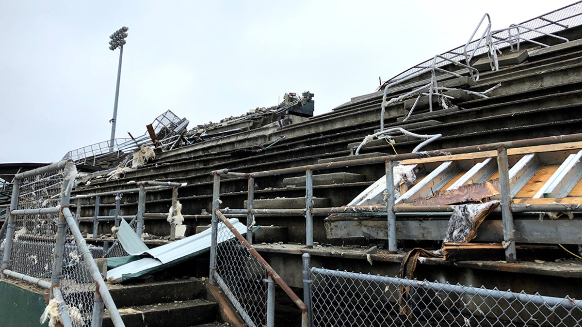 Damage at North Central High School in Kershaw County, South Carolina can be seen after an EF-2 Tornado moved through on Saturday.