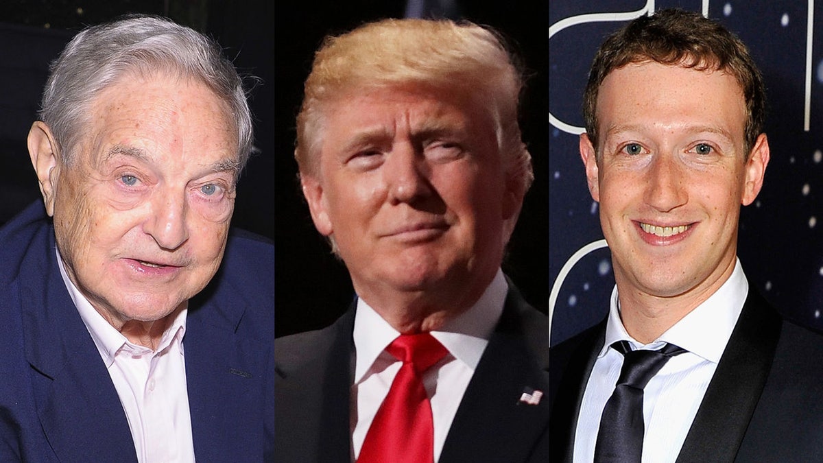 George Soros, President Trump and Facebook CEO Mark Zuckerberg are seen above.