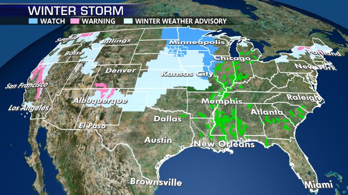 Winter storm watches, warnings, and advisories stretch across the middle of the country.