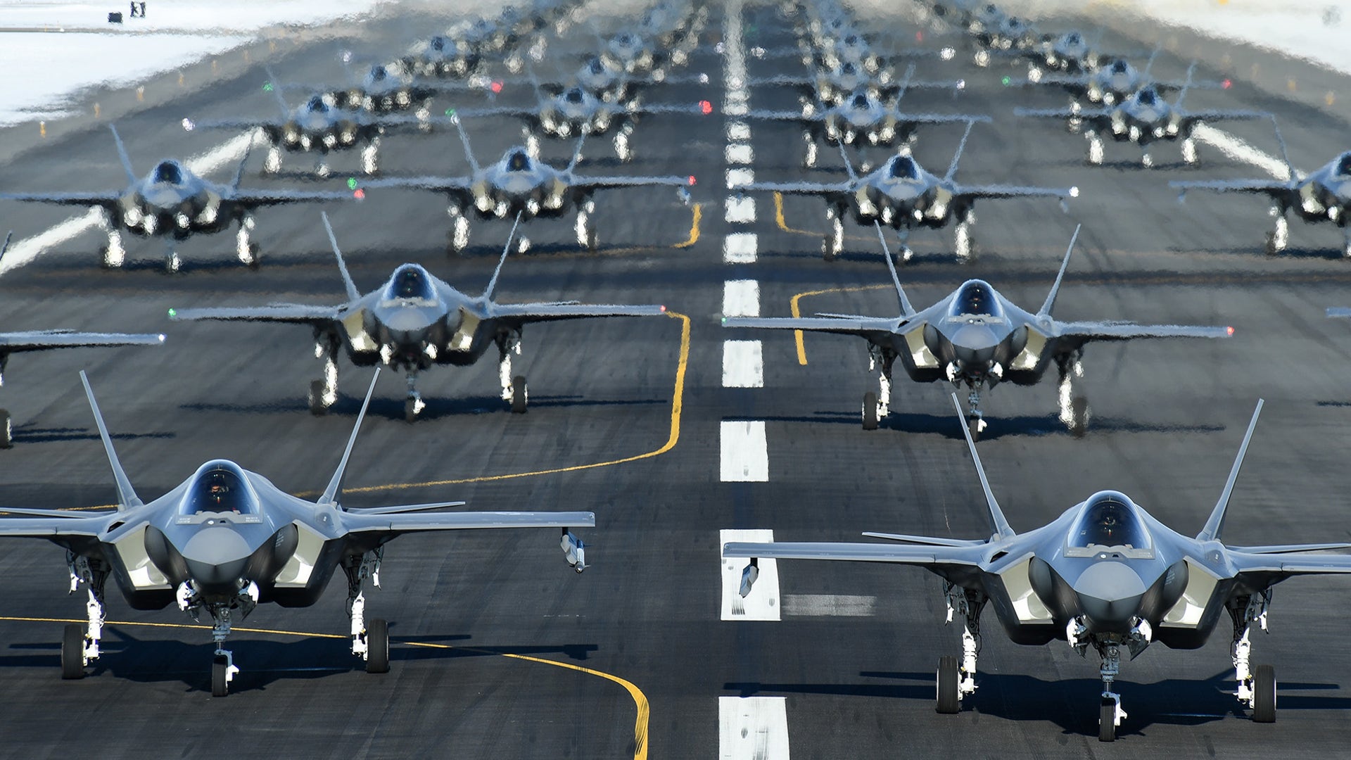 U.S. Air Force F-35A aircraft, from the 388th and 428th Fighter Wings, form up in an "elephant walk" during an exercise at Hill Air Force Base, Utah, Jan. 6, 2020. 