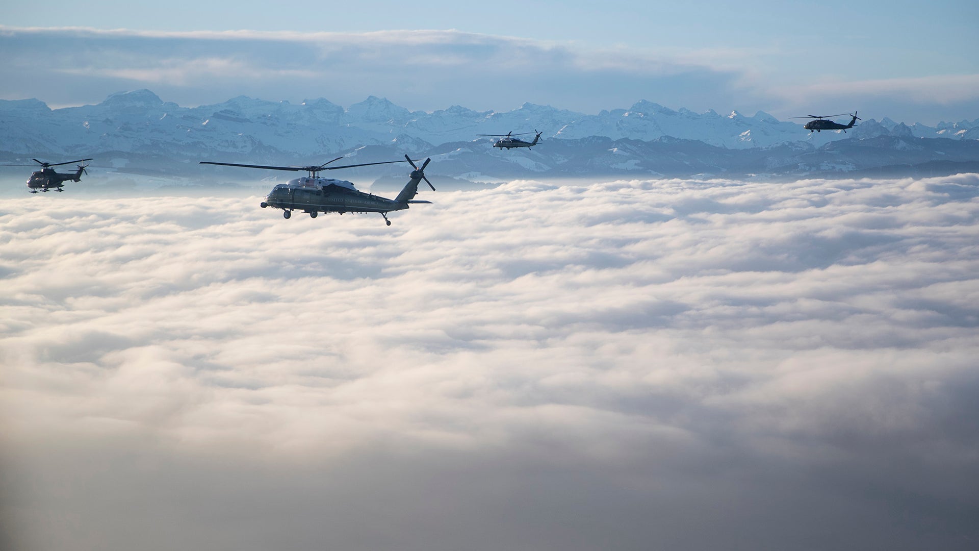 Marine One carrying US President Donald Trump travels to the Davos landing zone in Switzerland, Jan. 21, 2020. 