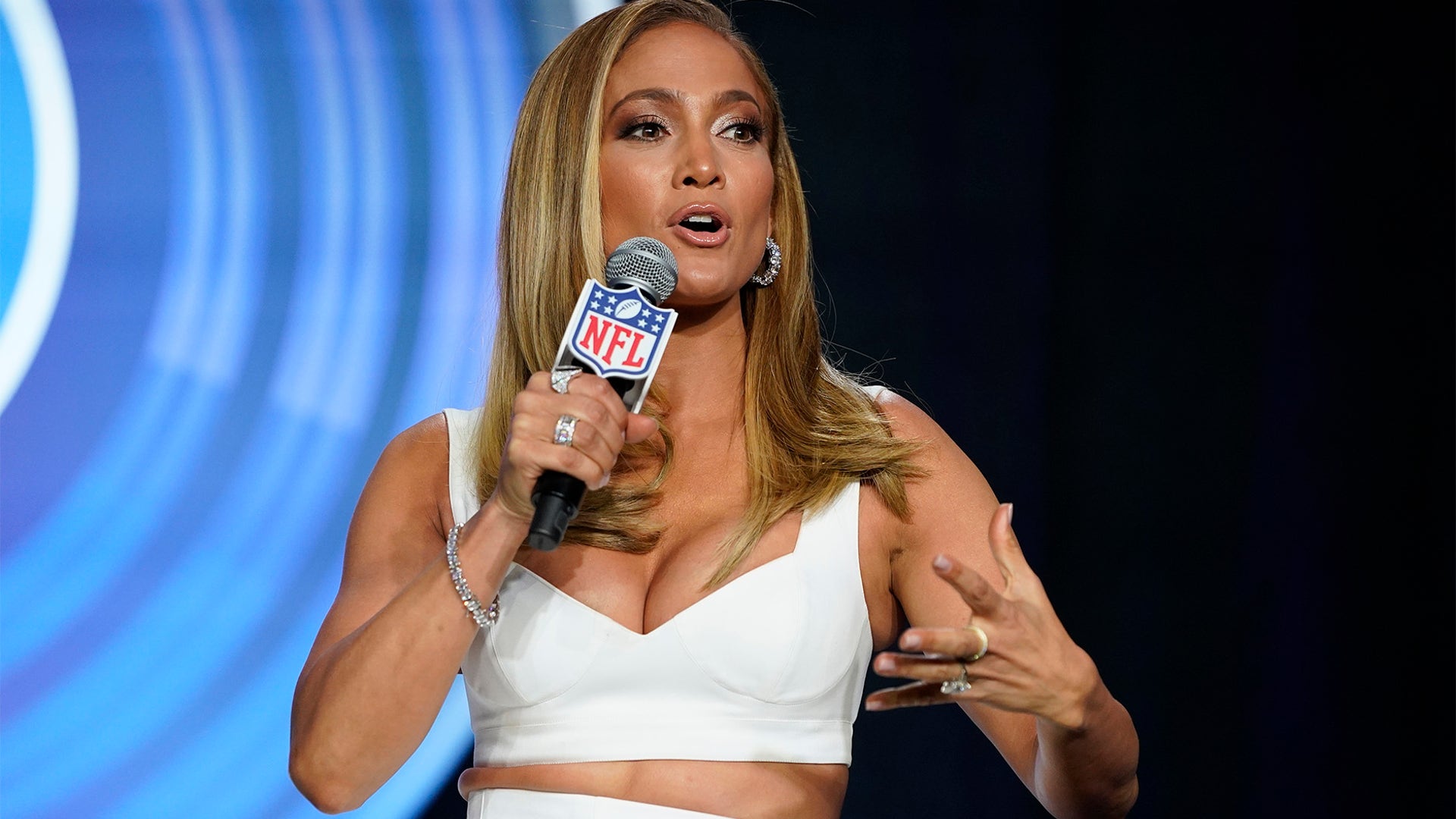 NFL Super Bowl 54 football game halftime performer Jennifer Lopez answers questions at a news conference, Jan. 30, 2020, in Miami.
