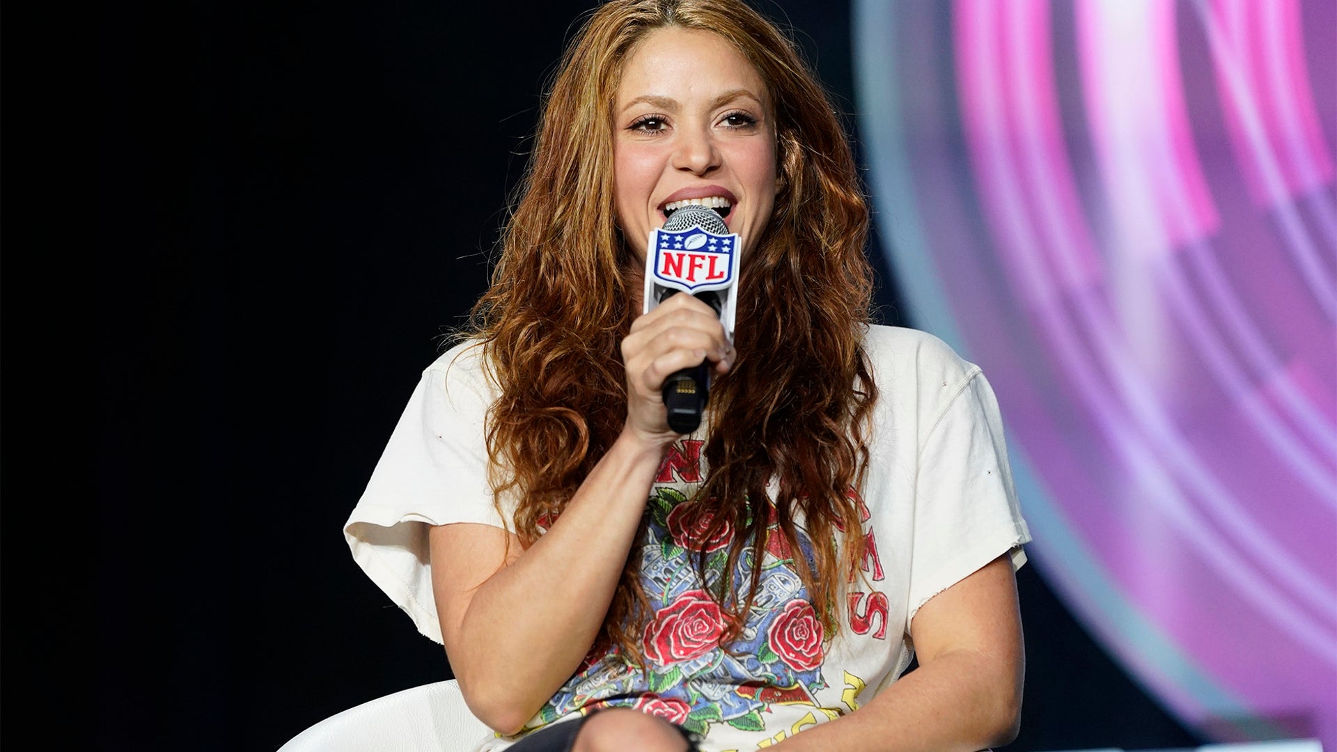 NFL Super Bowl 54 football game halftime performer Shakira answers questions at a news conference, Jan. 30, 2020, in Miami.