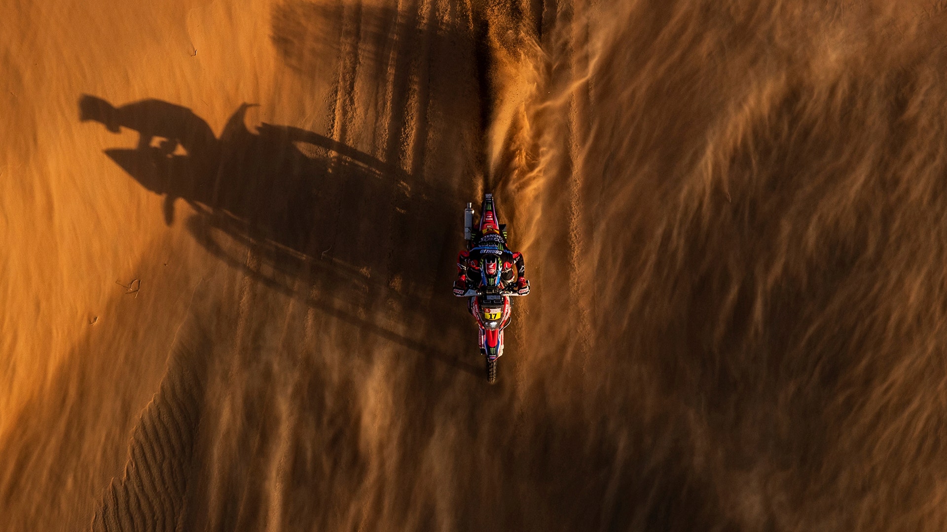 Jose Ignacio Cornejo Florino of Chile rides his Honda motorbike during stage eleven of the Dakar Rally between Shubaytah and Haradth, Saudi Arabia, Jan. 16, 2020. 