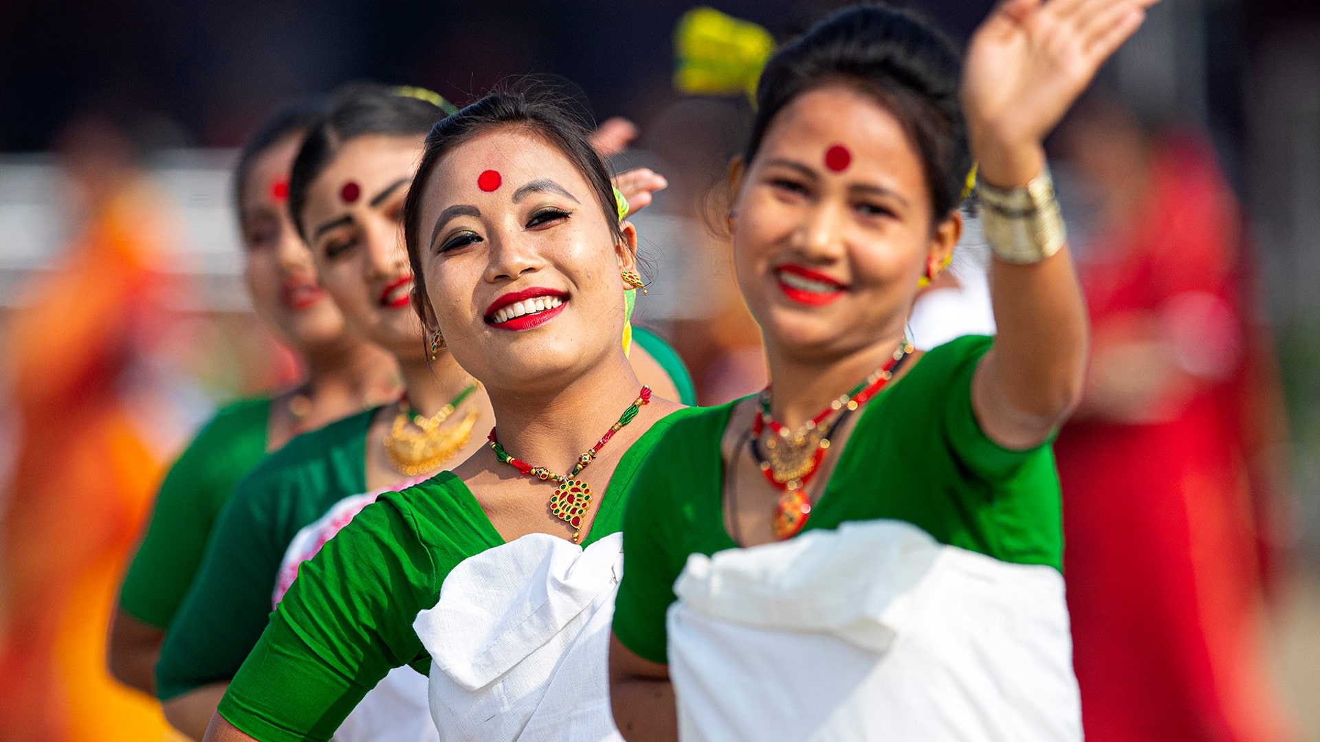 Indian tribal Deuri women in traditional attire perform to mark Republic Day in Gauhati, India, Jan. 26, 2020.