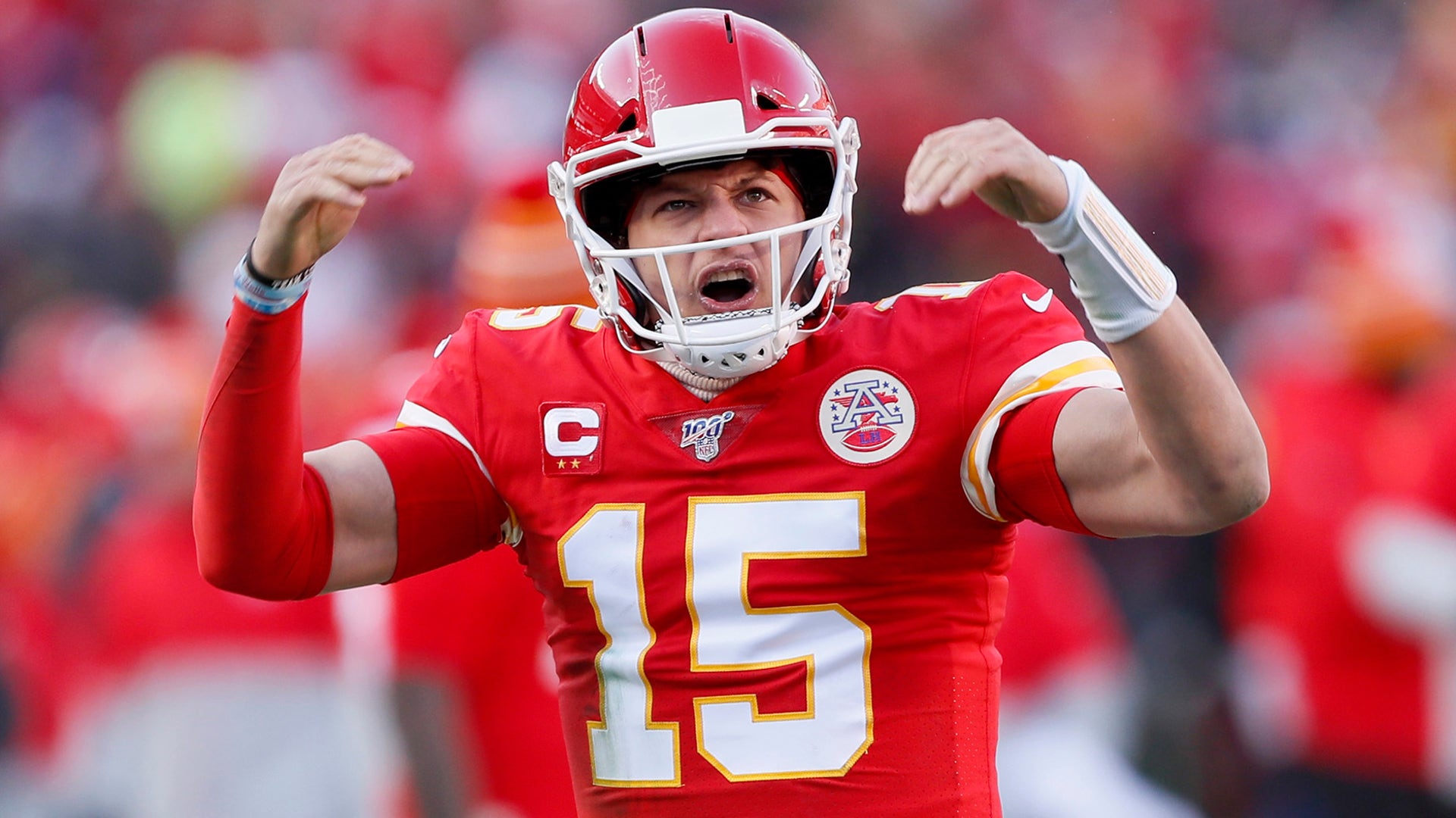 Kansas City Chiefs' Patrick Mahomes celebrates after throwing a touchdown pass during the first half of the AFC Championship football game against the Tennessee Titans in Kansas City, Jan. 19, 2020.