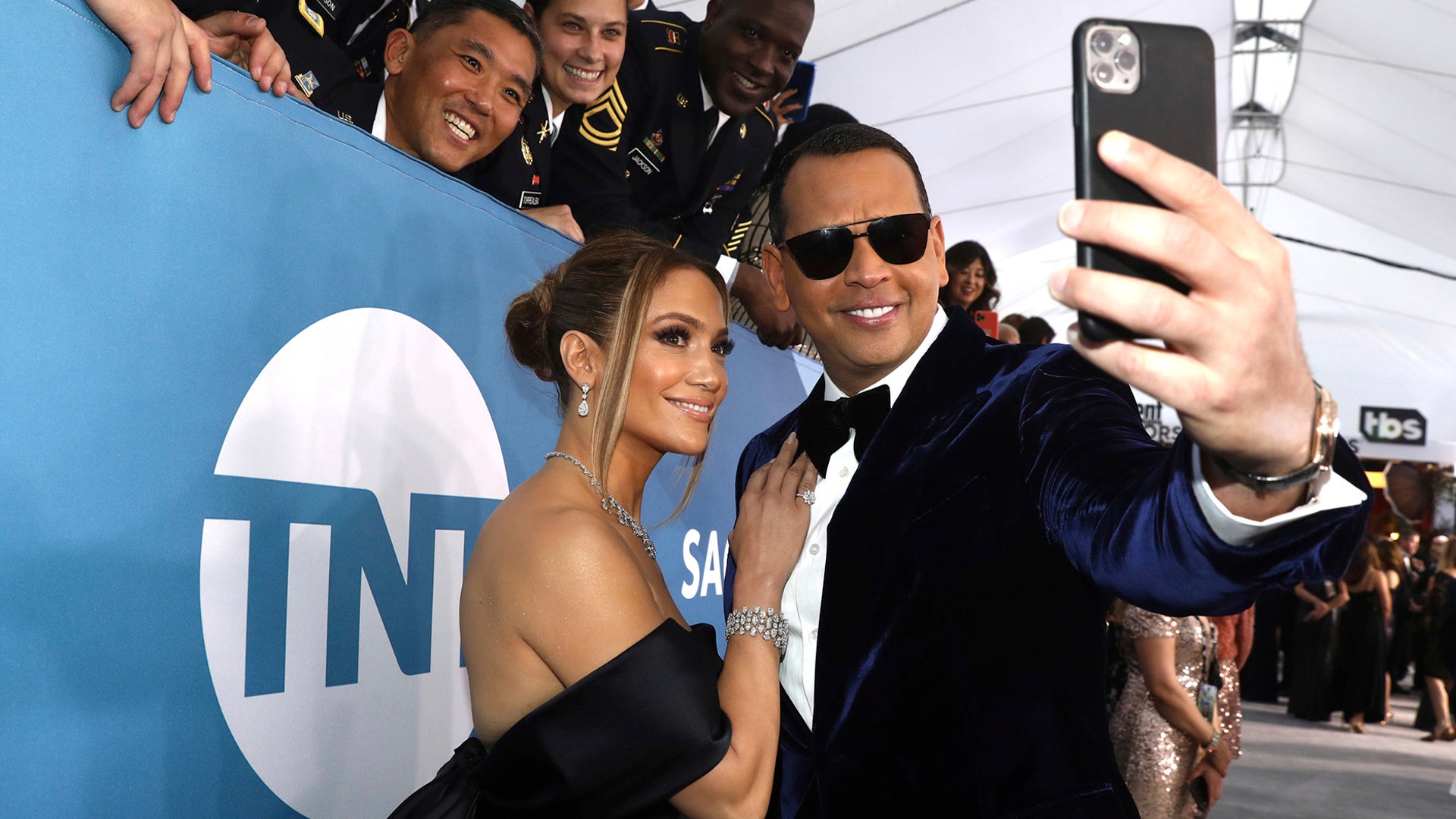 Jennifer Lopez and Alex Rodriguez take a selfie as they arrive at the 26th annual Screen Actors Guild Awards in Los Angeles, Jan. 19, 2020.