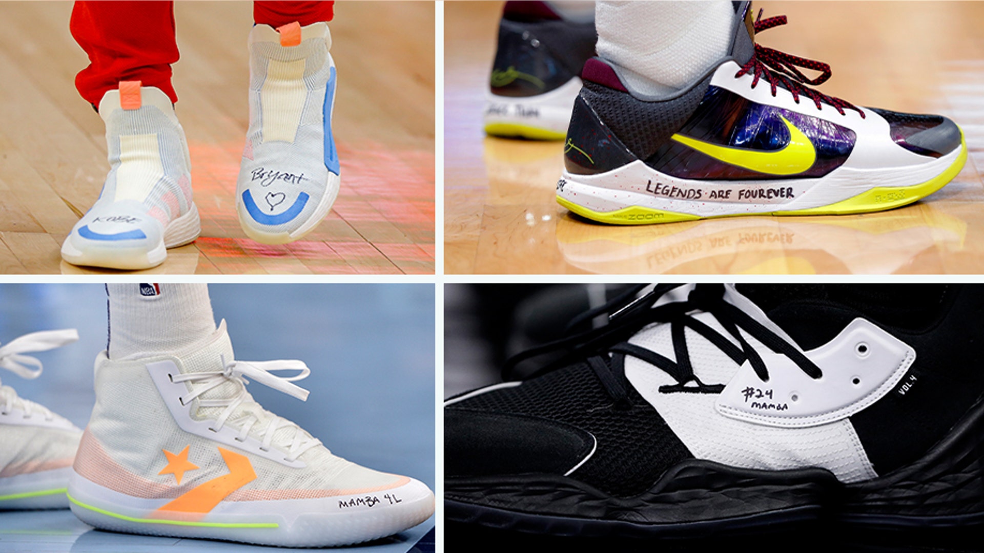 Atlanta Hawks guard Trae Young's, New Orleans Pelicans guard Josh Hartshoes, Phoenix Suns forward Kelly Oubre Jr. and Toronto Raptors guard Kyle Lowry wear shoes with a tribute to Kobe Bryant during basketball games today.