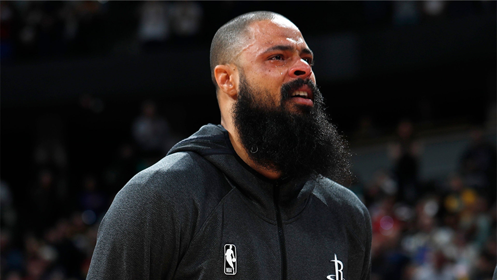 Houston Rockets center Tyson Chandler cries during a tribute to Kobe Bryant. 