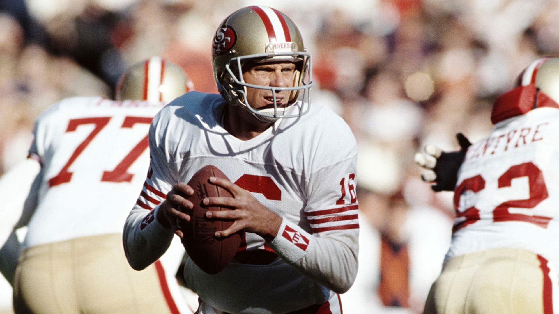 Joe Montana #16, Quarterback for the San Francisco 49ers prepares to throw a pass during the National Football Conference East game against the New York Giants on 11 September 1988 at the Giants Stadium, East Rutherford, New Jersey, United States. The 49ers won the game 20 - 17.