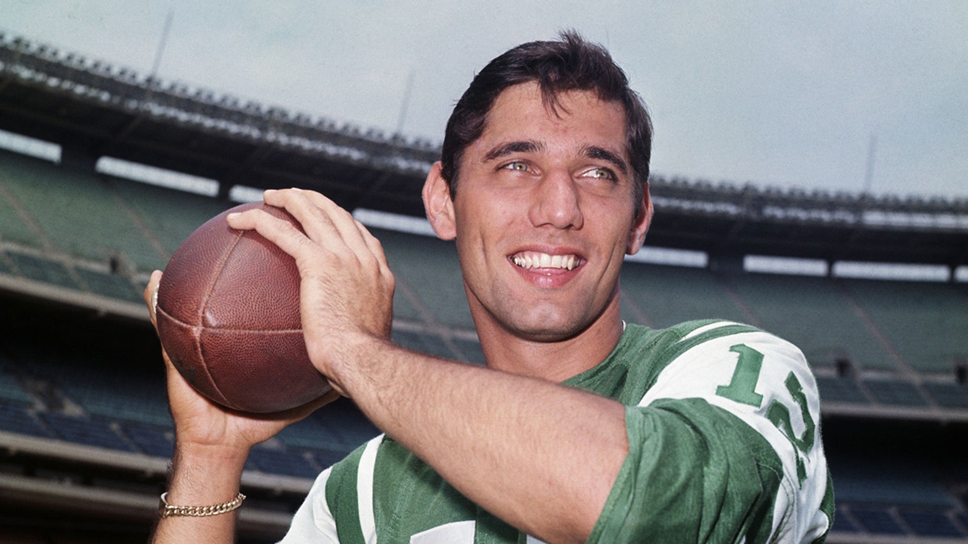 June 29,1965, New York: Joe Namath, new rookie quarterback of the New York Jets, shows the passing style that made the Jets anxious to sign him after he graduated from the University of Alabama.