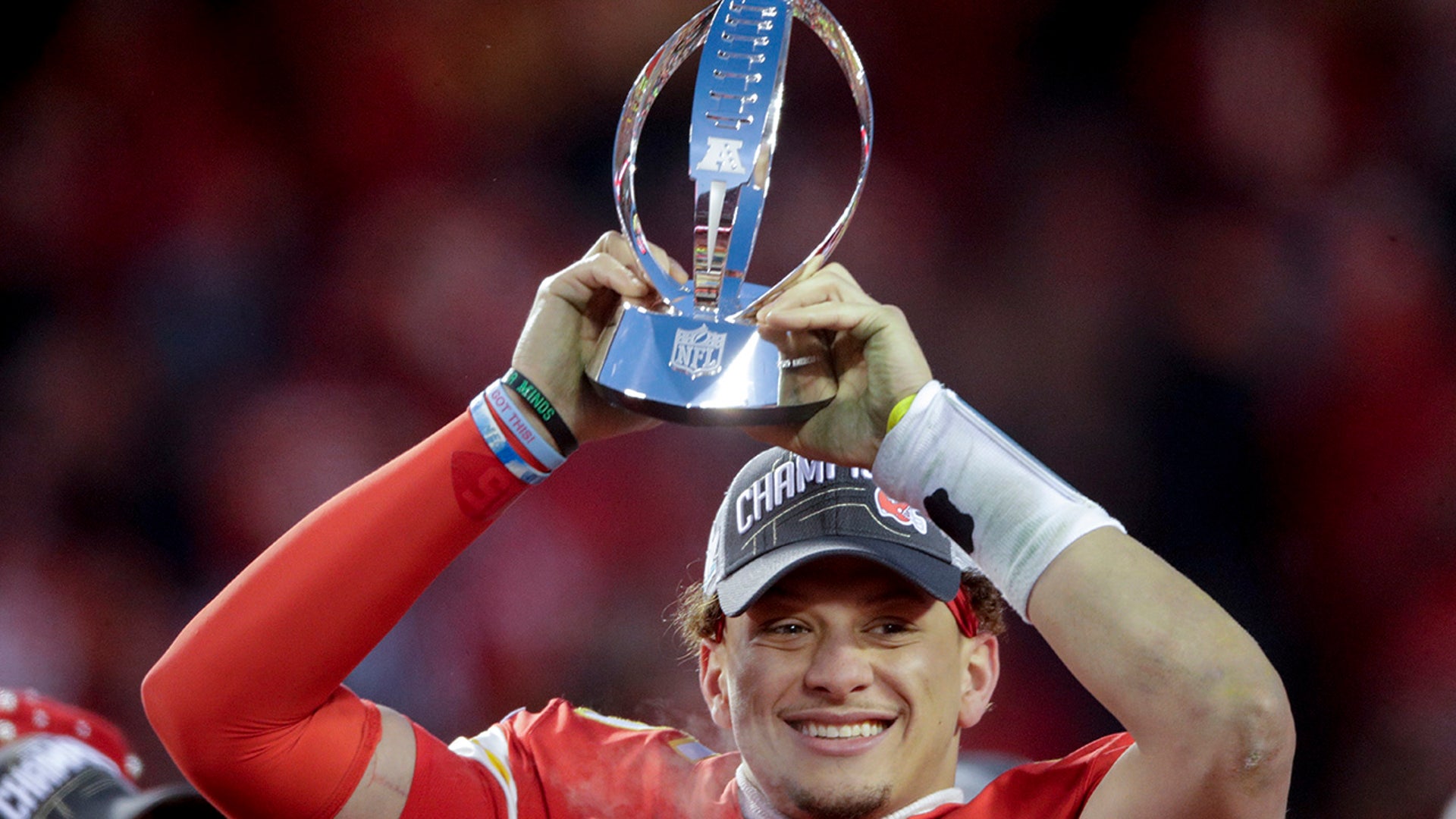 Jan. 19, 2020, Kansas City, Mo.: Kansas City Chiefs' Patrick Mahomes celebrates with his team after the NFL AFC Championship football game against the Tennessee Titans. The Chiefs won 35-24 to advance to Super Bowl 54.
