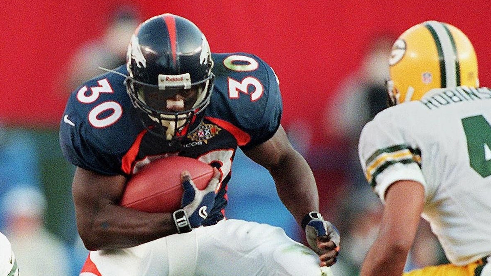 Terrell Davis and the Denver Broncos played in one of the best Super Bowls against the Green Bay Packers, Super Bowl XXXII. It was a back-and-forth game and it came down to the wire. Davis put the Broncos over the goal line in more ways than one. He had 157 rushing yards on 30 carries and three touchdowns, including the game-winner in the fourth quarter with 1:47 left in the game. Denver won, 31-24.