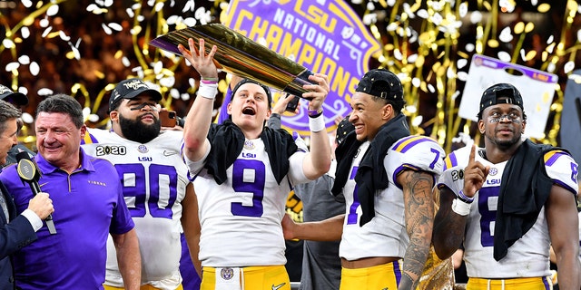 Joe Burrow and his LSU Tigers teammates celebrate after the College Football Playoff National Championship game at the Mercedes-Benz Superdome on Jan. 13, 2020, in New Orleans, Louisiana. 