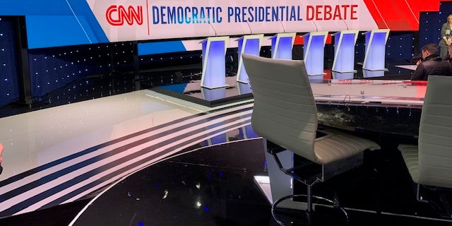 The debate stage at the CNN/Des Moines Register debate ahead of the showdown, on Tuesday, Jan. 14, 2019, in Des Moines, Iowa