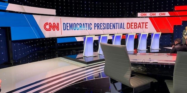 The debate stage at the CNN/Des Moines Register debate ahead of the showdown, on Tuesday, Jan. 14, 2019, in Des Moines, Iowa