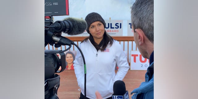 Democratic presidential candidate Rep. Tulsi Gabbard of Hawaii speaks with Fox News after snowboading with supporters at Cranmore Mountain Resort, in North Conway, NH on Jan. 28, 2019