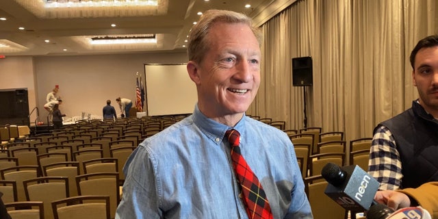 Democratic presidential candidate Tom Steyer speaks with reporters on Jan. 9, 2020 in Manchester, NH