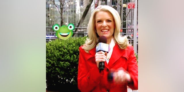 Janice Dean with Freddy the Frogcaster in Fox Square in New York City.