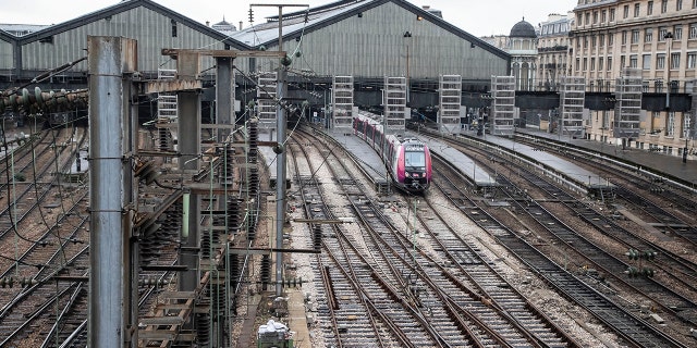 A train is picture at Gare Saint Lazar train station during the 29th day of transport strikes in Paris, Thursday, Jan. 2, 2020.