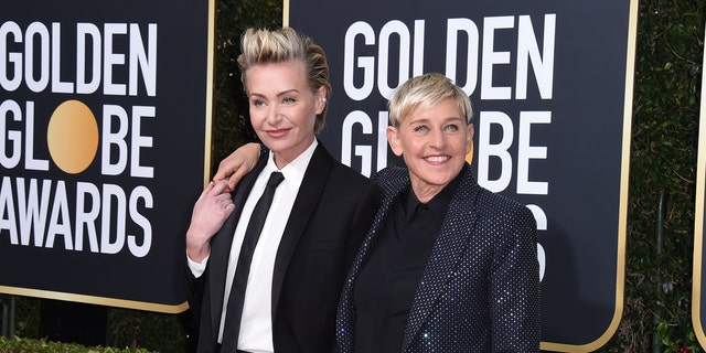 Portia de Rossi, left, and Ellen DeGeneres arrive at the 77th annual Golden Globe Awards at the Beverly Hilton Hotel on Sunday, Jan. 5, 2020, in Beverly Hills, Calif.