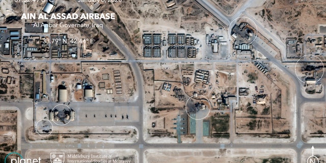 This satellite image provided on Wednesday, Jan. 8, 2020, by Middlebury Institute of International Studies and Planet Labs Inc. shows the damage caused from an Iranian missile strike at the Ain al-Asad air base in Iraq. Iran's actions were in response to the U.S. killing of Revolutionary Guard Gen. Qassem Soleimani. (Planet Labs Inc./Middlebury Institute of International Studies via AP)