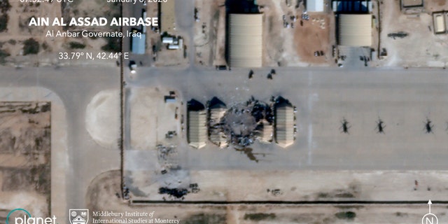 This satellite image provided on Wednesday, Jan. 8, 2020, by Middlebury Institute of International Studies and Planet Labs Inc. shows the damage caused from an Iranian missile strike at the Ain al-Asad air base in Iraq. Iran's actions were in response to the U.S. killing of Revolutionary Guard Gen. Qassem Soleimani. (Planet Labs Inc./Middlebury Institute of International Studies via AP)