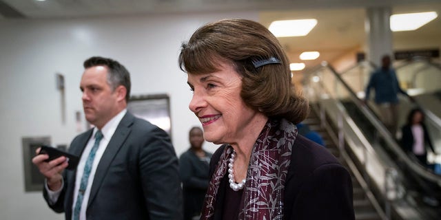 Sen. Dianne Feinstein heads to a briefing Jan. 8, 2020, on Capitol Hill, on the details of the threat that prompted the U.S. to kill Iranian Gen. Qassem Soleimani in Iraq. (AP Photo/J. Scott Applewhite)