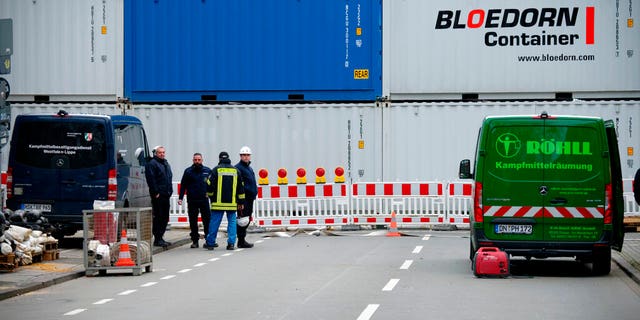 A road blocked with containers in Dortmund, Germany, after the World War II-era bombs were found.