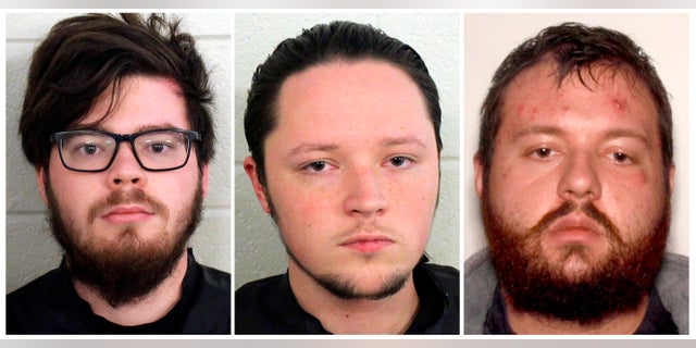 Luke Austin Lane of Floyd County, Jacob Kaderli of Dacula, and Michael Helterbrand of Dalton, Ga. FBI spokesman Kevin Rowson said Friday that agents assisted in the arrests of the three Georgia men linked to The Base, a violent white supremacist group, on charges of conspiracy to commit murder and participating in a criminal street gang. (Floyd County Police via AP)