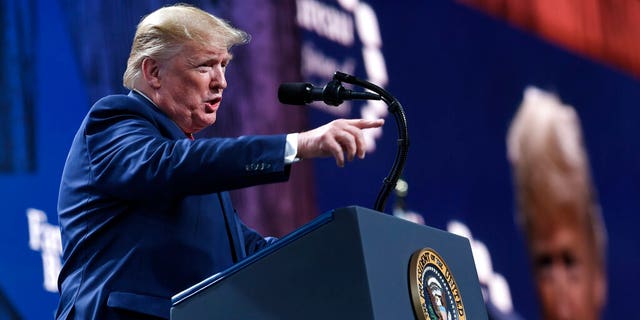 President Trump speaking at the American Farm Bureau Federation's convention in Austin.