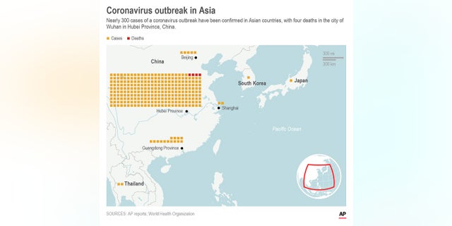 Map shows coronavirus outbreak cases in Asia.