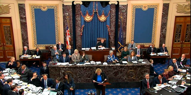 In this image from video, impeachment manager Rep. Zoe Lofgren, D-Calif., speaks in support of an amendment offered by Sen. Chuck Schumer, D-N.Y., during the impeachment trial against President Donald Trump in the Senate at the U.S. Capitol in Washington, Tuesday, Jan. 21, 2020. (Senate Television via AP)