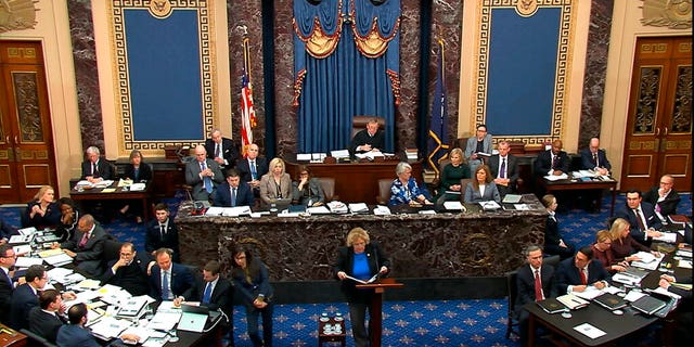 In this image from video, impeachment manager Rep. Zoe Lofgren, D-Calif., speaks in support of an amendment offered by Sen. Chuck Schumer, D-N.Y., during the impeachment trial against President Donald Trump in the Senate at the U.S. Capitol in Washington, Tuesday, Jan. 21, 2020. (Senate Television via AP)